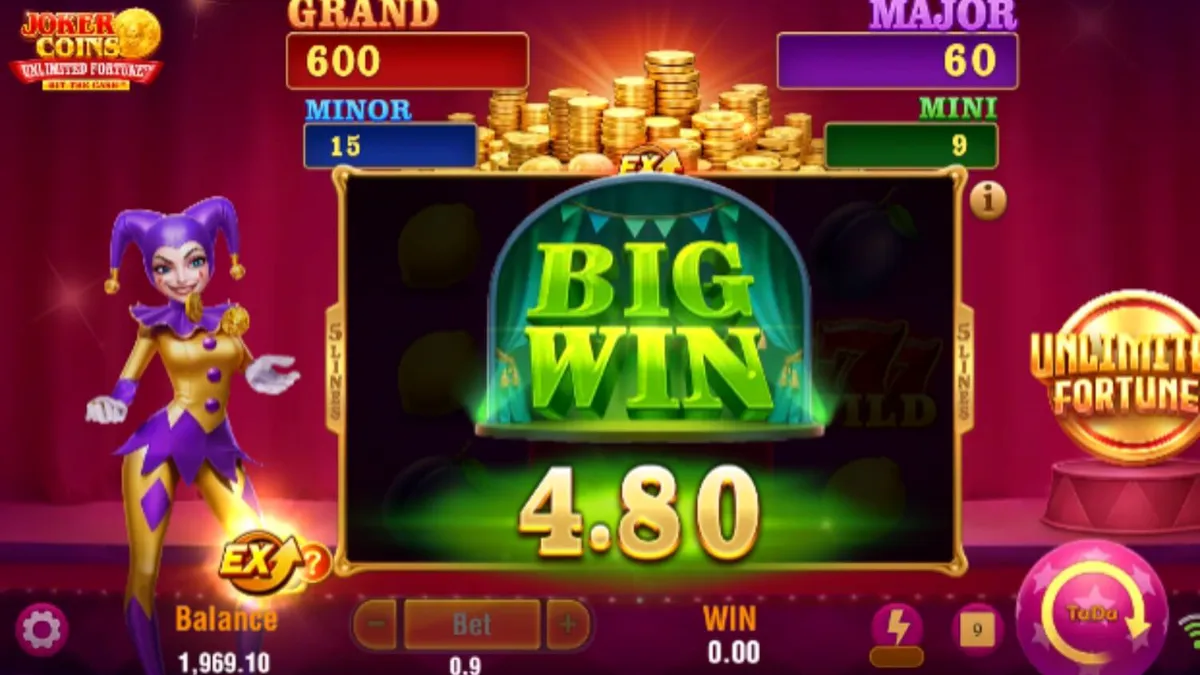 Tampilan visual slot Joker Coins Unlimited Fortune dengan tema neon dan simbol buah.