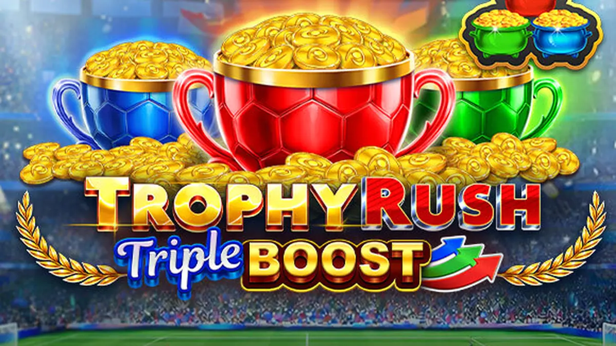 Tampilan visual slot Trophy Rush Triple Boost dengan tema olahraga dan koin emas.